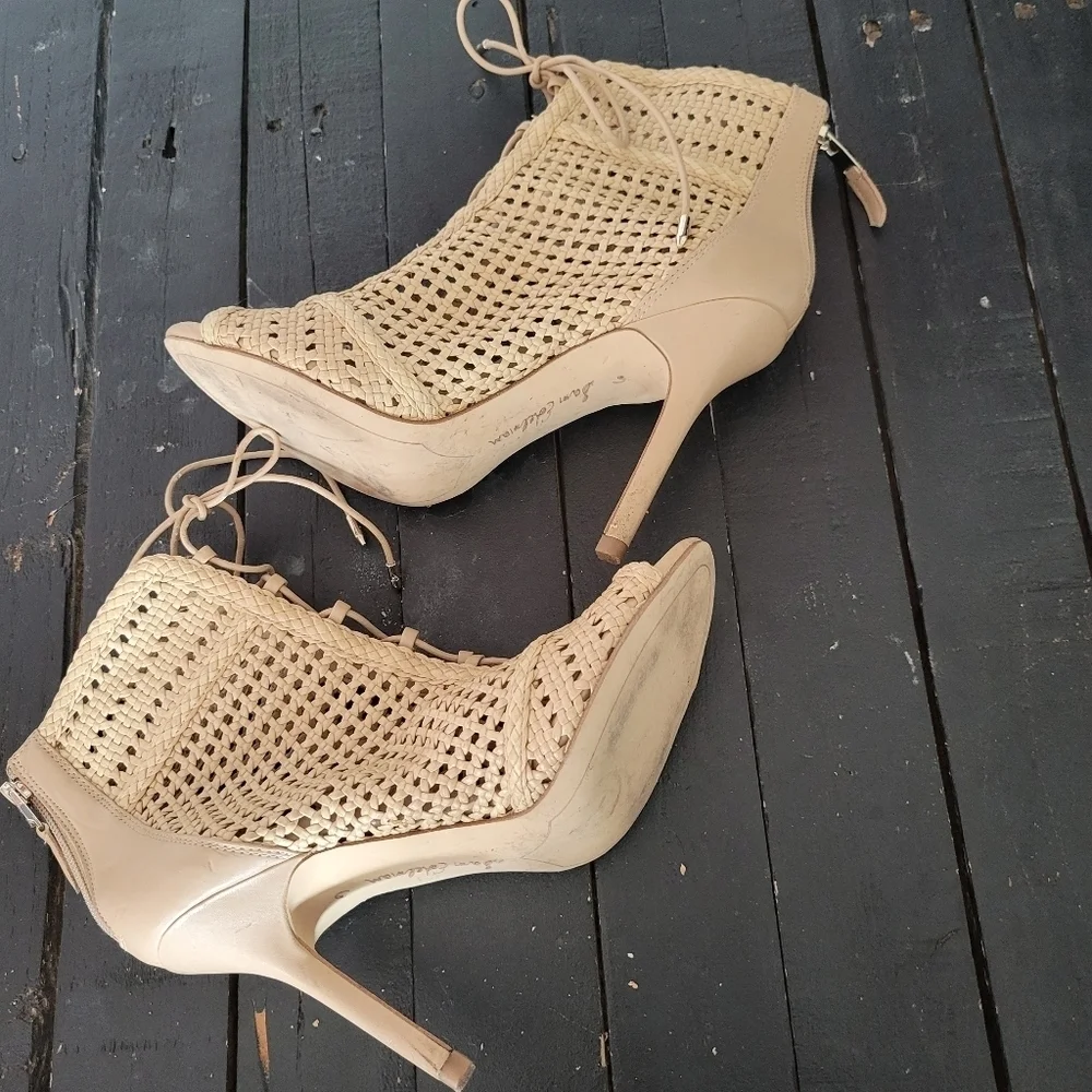 Sam Edelman Abbie Woven Heels Women's 6 Tan Beige Lace Up Stiletto Dressy